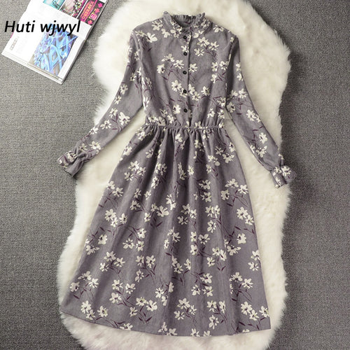 Corduroy High Elastic Waist Vintage Dress A-line Style Women Full Sleeve Flower Plaid Print Dresses Slim Spring Dress 25 Colors