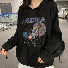 Load image into Gallery viewer, Autumn and Winter Cotton Nostalgia Old Planet Printed Harajuku Spaceship Arizona Space Print Black Hooded Sweatshirt Hoodie