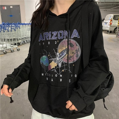 Autumn and Winter Cotton Nostalgia Old Planet Printed Harajuku Spaceship Arizona Space Print Black Hooded Sweatshirt Hoodie