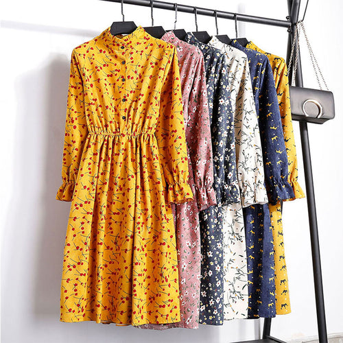 Corduroy Butterfly Sleeve Print Mid-long Dress Women Vintage Elastic Waist Dresses Multicolor Female Fashion Floral Dress 2019