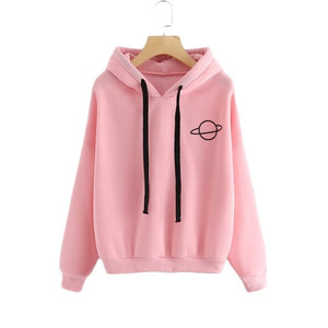 Women's Sweatshirt Women Hoodies Casual Planet Print Solid Loose Drawstring Sweatshirt Fashion Long Sleeve Hooded Female Tops