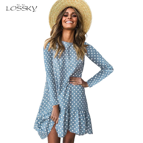 Lossky Women Autumn Dress Fashion Polka Dot Print Ladies Casual Clothing Long Sleeve Mini Short Loose Yellow Dress 2019