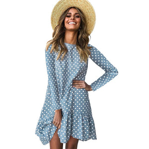 Lossky Women Autumn Dress Fashion Polka Dot Print Ladies Casual Clothing Long Sleeve Mini Short Loose Yellow Dress 2019