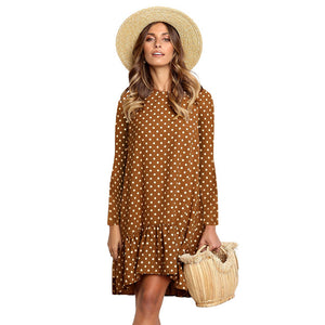 Lossky Women Autumn Dress Fashion Polka Dot Print Ladies Casual Clothing Long Sleeve Mini Short Loose Yellow Dress 2019