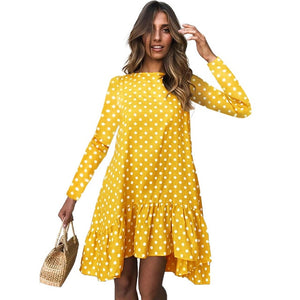 Lossky Women Autumn Dress Fashion Polka Dot Print Ladies Casual Clothing Long Sleeve Mini Short Loose Yellow Dress 2019