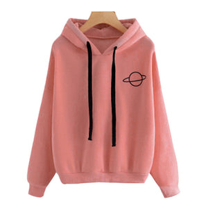 2019 Women Hoodies Sweatshirts Casual Pullovers Planet Print Solid Loose Drawstring Long Sleeve Sweatshirt Autumn Female