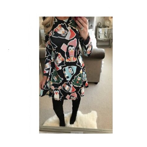 S-XL Plus Size Tunic Autumn Women Dresses Casual Cartoon Print Christmas Dress Casual Loose Long Sleeve Party Dress Vestidos