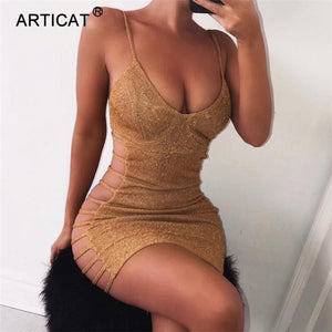 Articat Side Hollow Out Sexy Bodycon Bandage Dress Women Spaghetti Strap V Neck Mini Summer Dress Casual Party Dress Vestidos