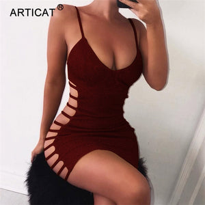 Articat Side Hollow Out Sexy Bodycon Bandage Dress Women Spaghetti Strap V Neck Mini Summer Dress Casual Party Dress Vestidos